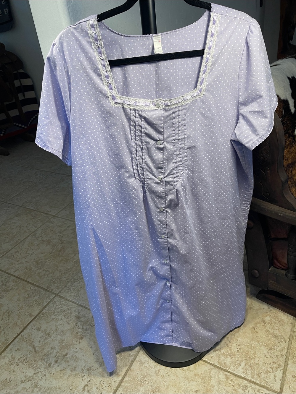 Lavender Polka Dot Women's Nightgown or Mu Mu with Lace Trim